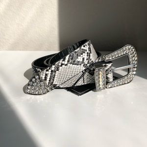 NEW Faux Leather Black and White Snake Print Belt with Jeweled Buckle